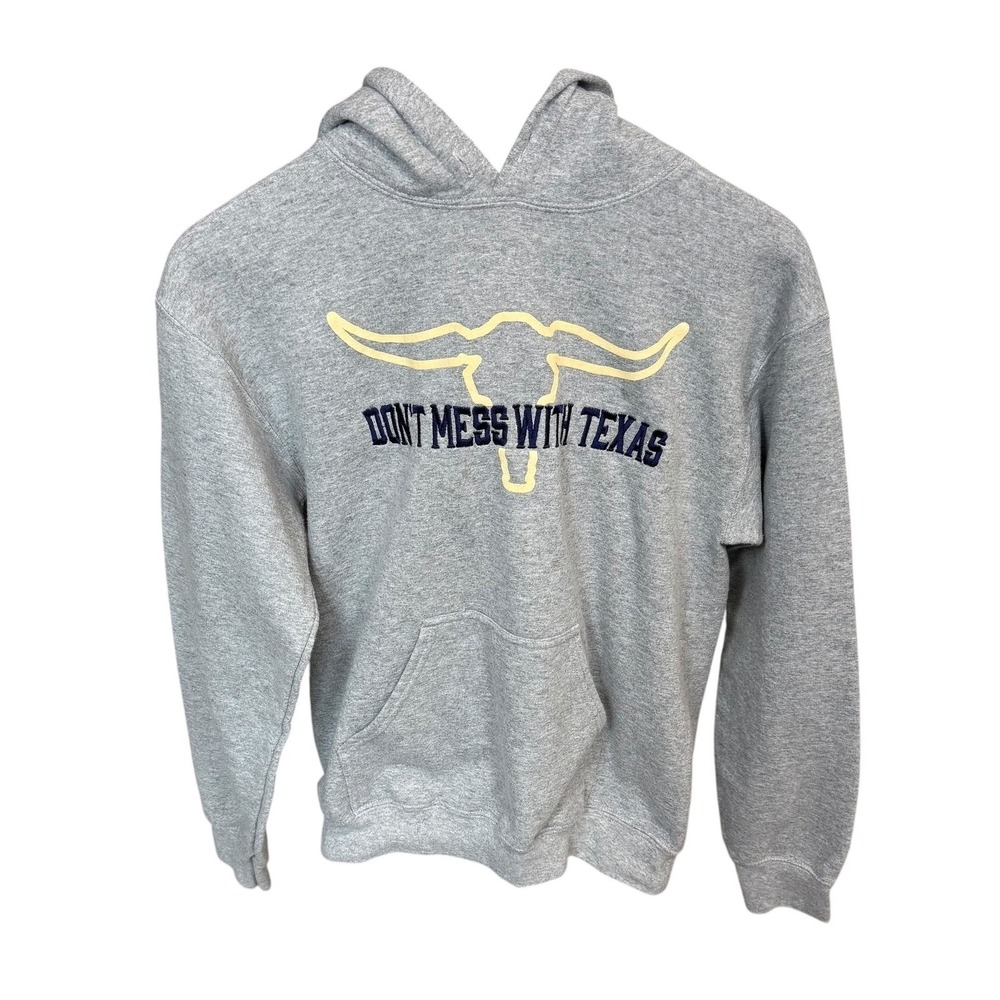 Gildan Heavy Blend Don't Mess With Texas Embroidered Longhorn Hoodie Gray Small